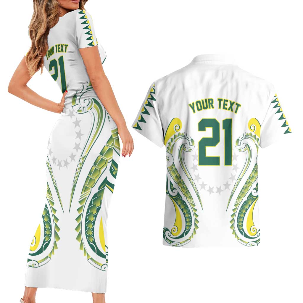 Custom Rugby Cook Islands Avaiki Couples Matching Short Sleeve Bodycon Dress and Hawaiian Shirt White Kuki Airani Tribal Maori Inspired - Polynesian Pride