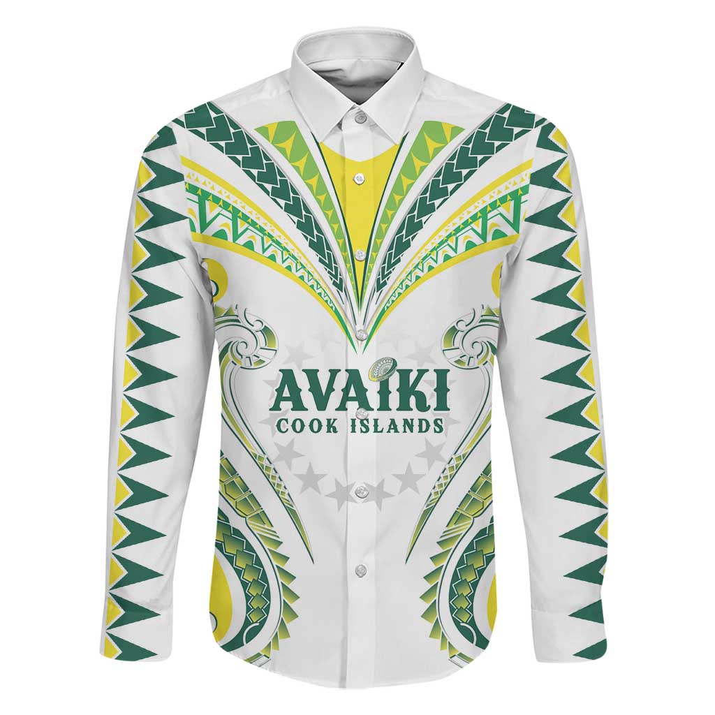 Custom Rugby Cook Islands Avaiki Family Matching Puletasi and Hawaiian Shirt White Kuki Airani Tribal Maori Inspired LT9 Dad's Shirt - Long Sleeve White - Polynesian Pride