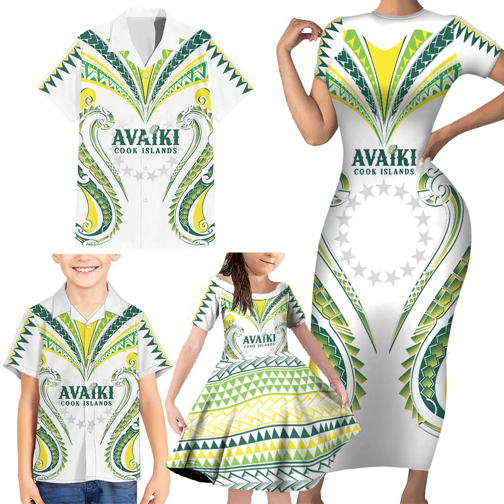 Custom Rugby Cook Islands Avaiki Family Matching Short Sleeve Bodycon Dress and Hawaiian Shirt White Kuki Airani Tribal Maori Inspired - Polynesian Pride