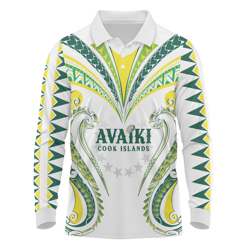 Custom Rugby Cook Islands Avaiki Long Sleeve Polo Shirt White Kuki Airani Tribal Maori Inspired - Polynesian Pride