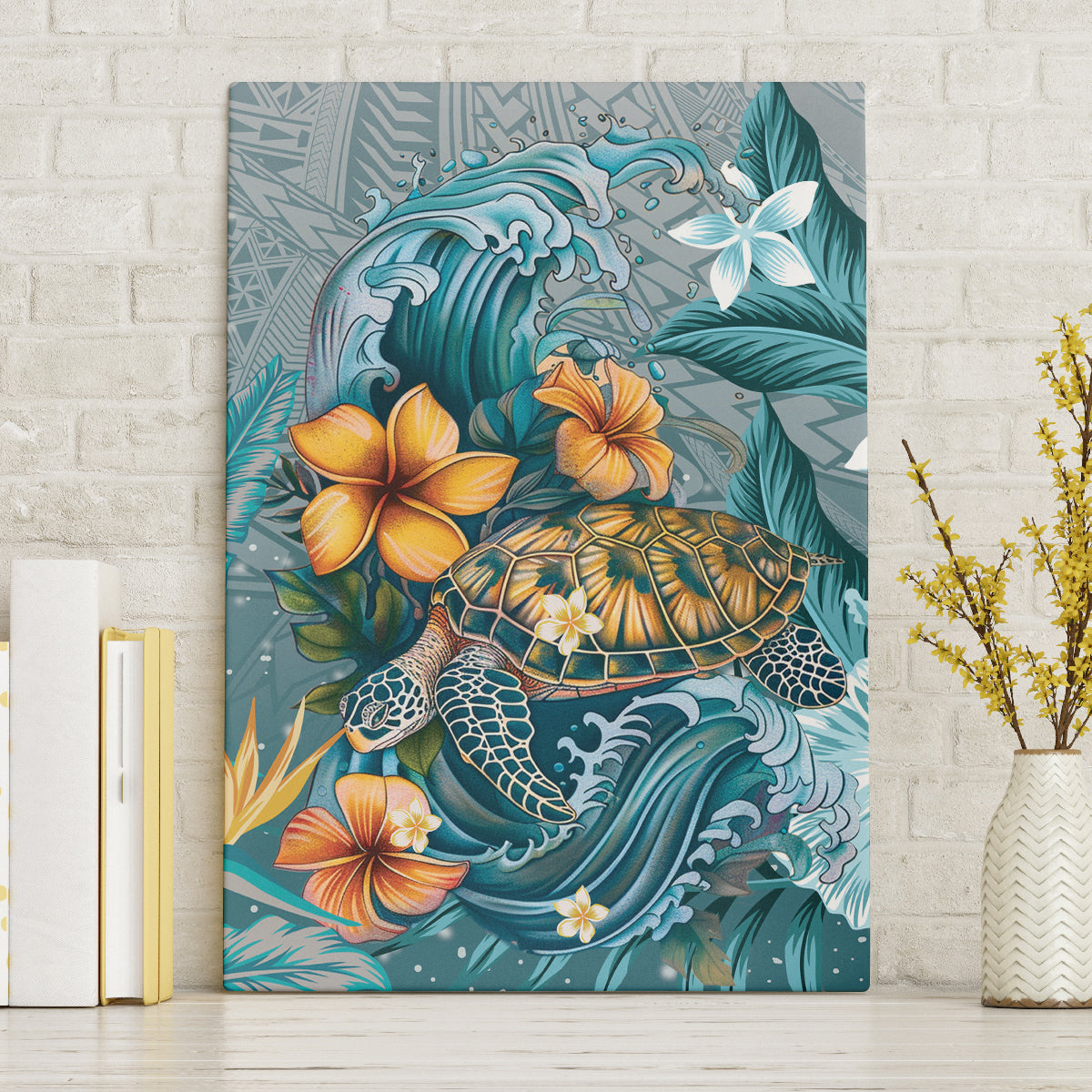 Sea Turtle In The Ocean Canvas Wall Art with Polynesian Pattern Arty Style