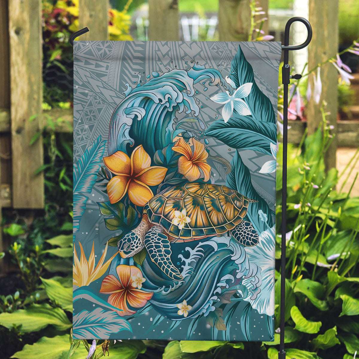 Sea Turtle In The Ocean Garden Flag with Polynesian Pattern Arty Style