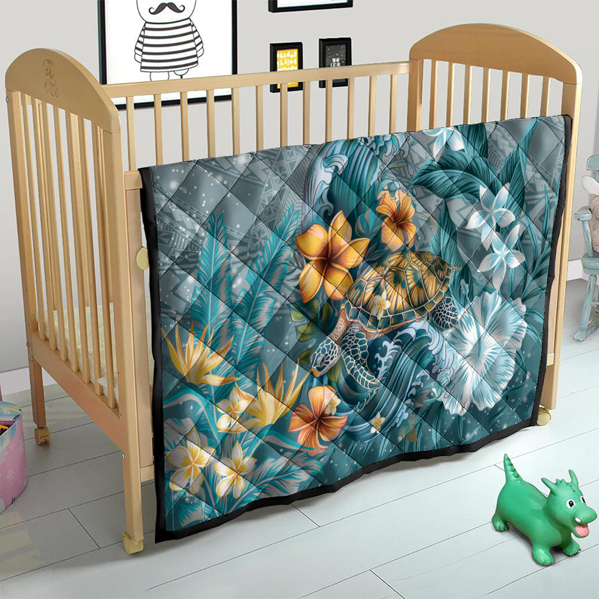 Sea Turtle In The Ocean Quilt with Polynesian Pattern Arty Style