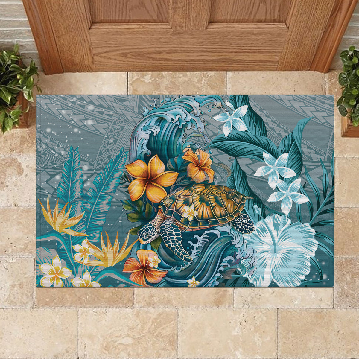 Sea Turtle In The Ocean Rubber Doormat with Polynesian Pattern Arty Style