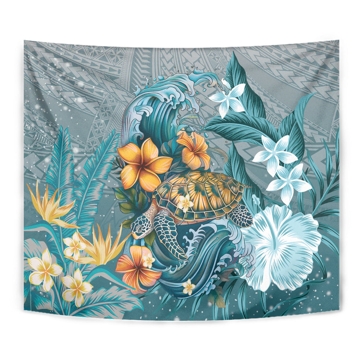 Sea Turtle In The Ocean Tapestry with Polynesian Pattern Arty Style