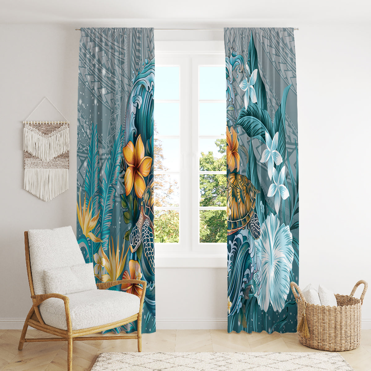 Sea Turtle In The Ocean Window Curtain with Polynesian Pattern Arty Style