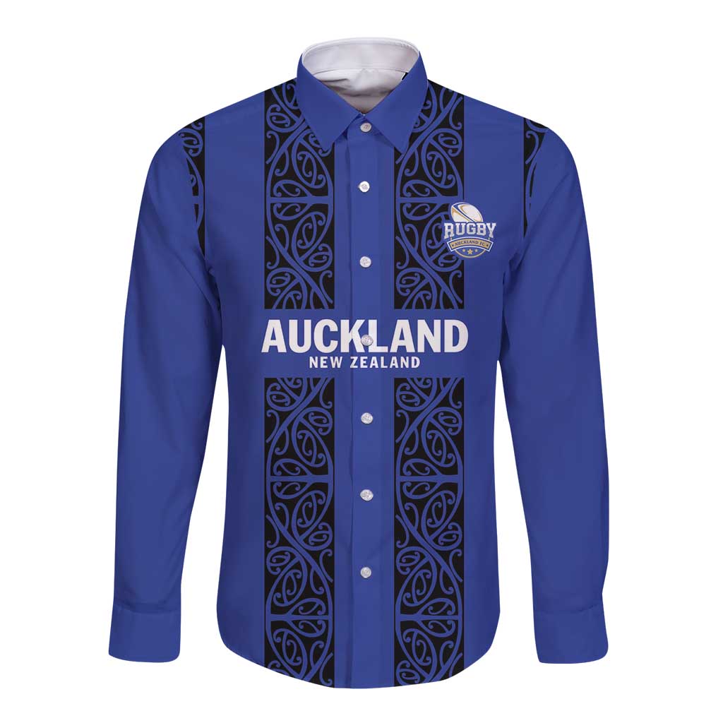 Custom Oceania Football NZ Auckland Long Sleeve Button Shirt Maori Tribal Pattern LT9 Unisex Blue - Polynesian Pride