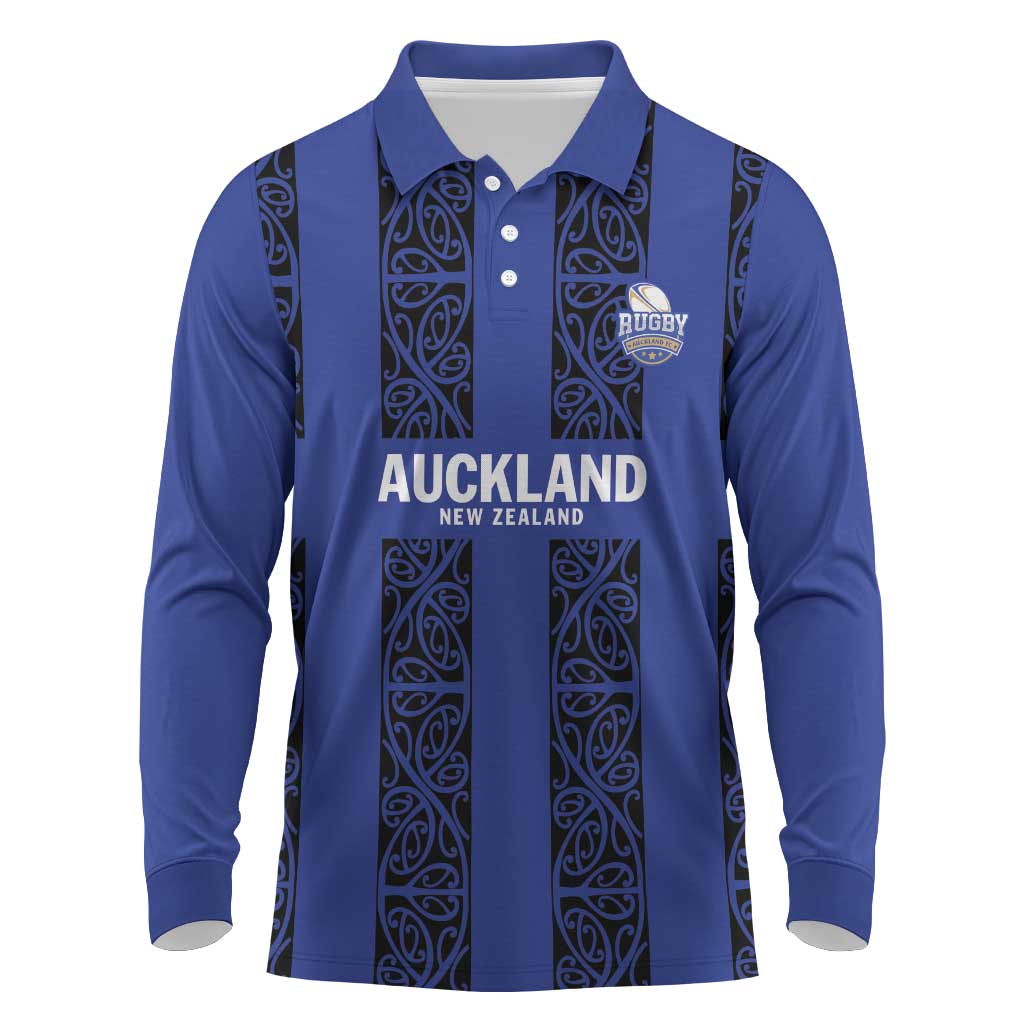 Custom Oceania Football NZ Auckland Long Sleeve Polo Shirt Maori Tribal Pattern LT9 Blue - Polynesian Pride