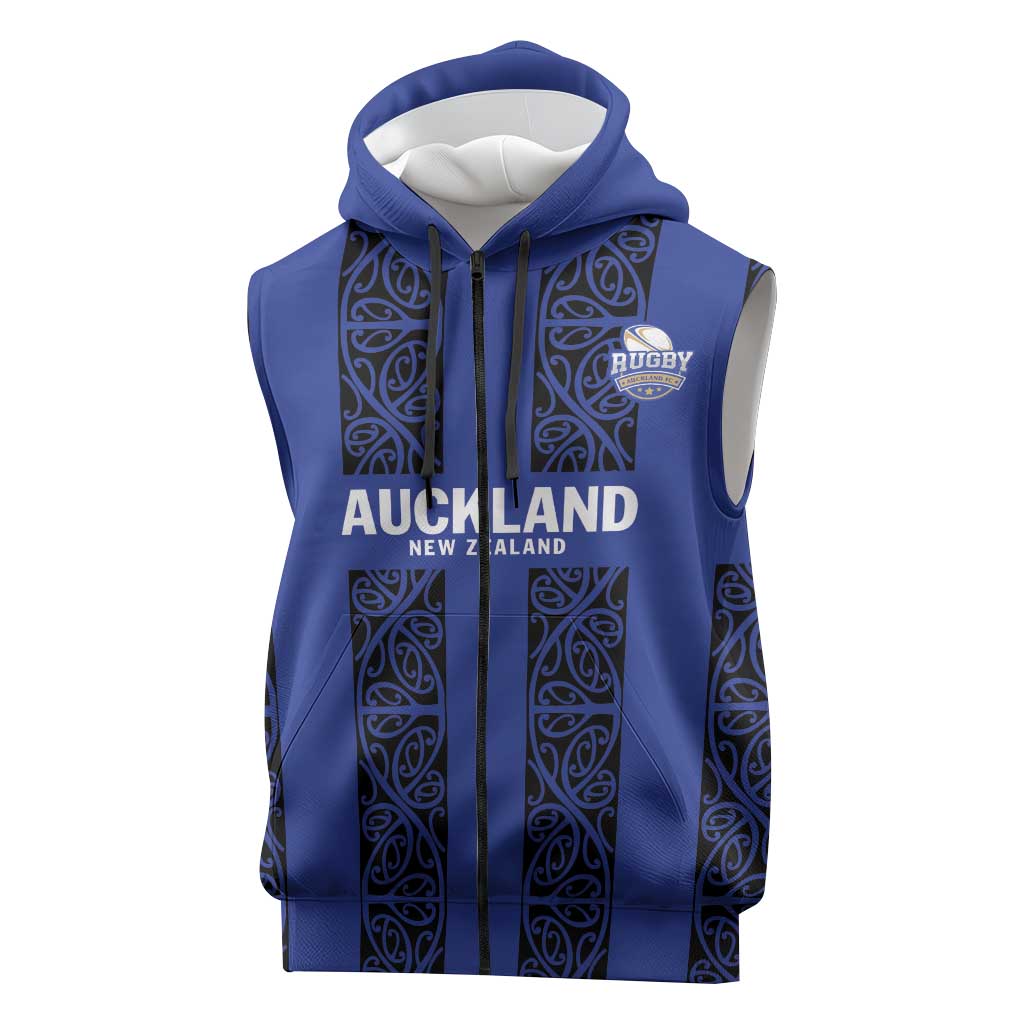 Custom Oceania Football NZ Auckland Sleeveless Zip Hoodie Maori Tribal Pattern LT9 Blue - Polynesian Pride