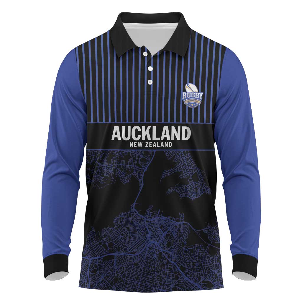 Custom Oceania Football NZ Auckland Long Sleeve Polo Shirt Minimal City Map Style LT9 Blue - Polynesian Pride