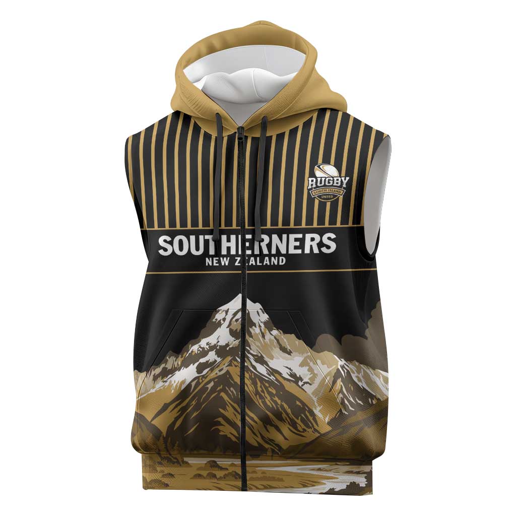 Custom Oceania Football NZ South Island Sleeveless Zip Hoodie Minimal Mount Cook Silhouette LT9 Black - Polynesian Pride