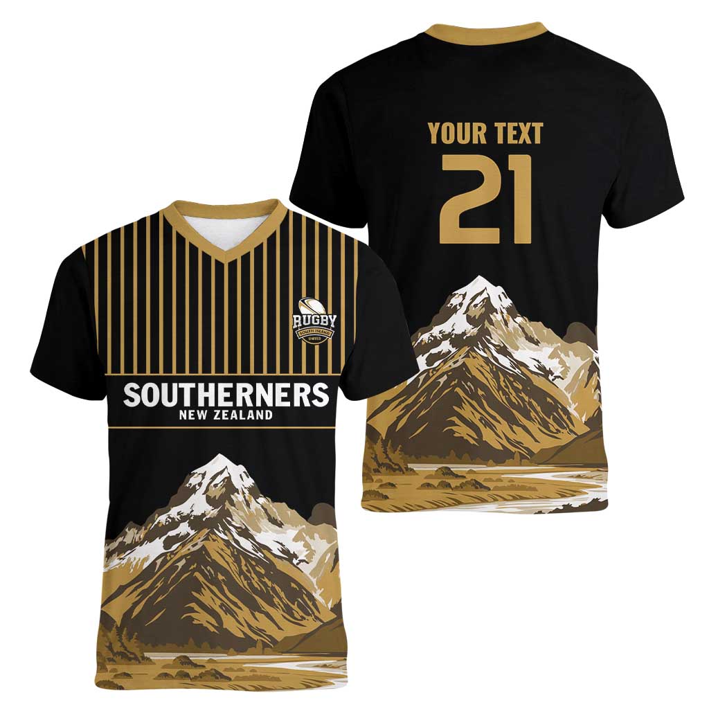 Custom Oceania Football NZ South Island Women V-Neck T-Shirt Minimal Mount Cook Silhouette