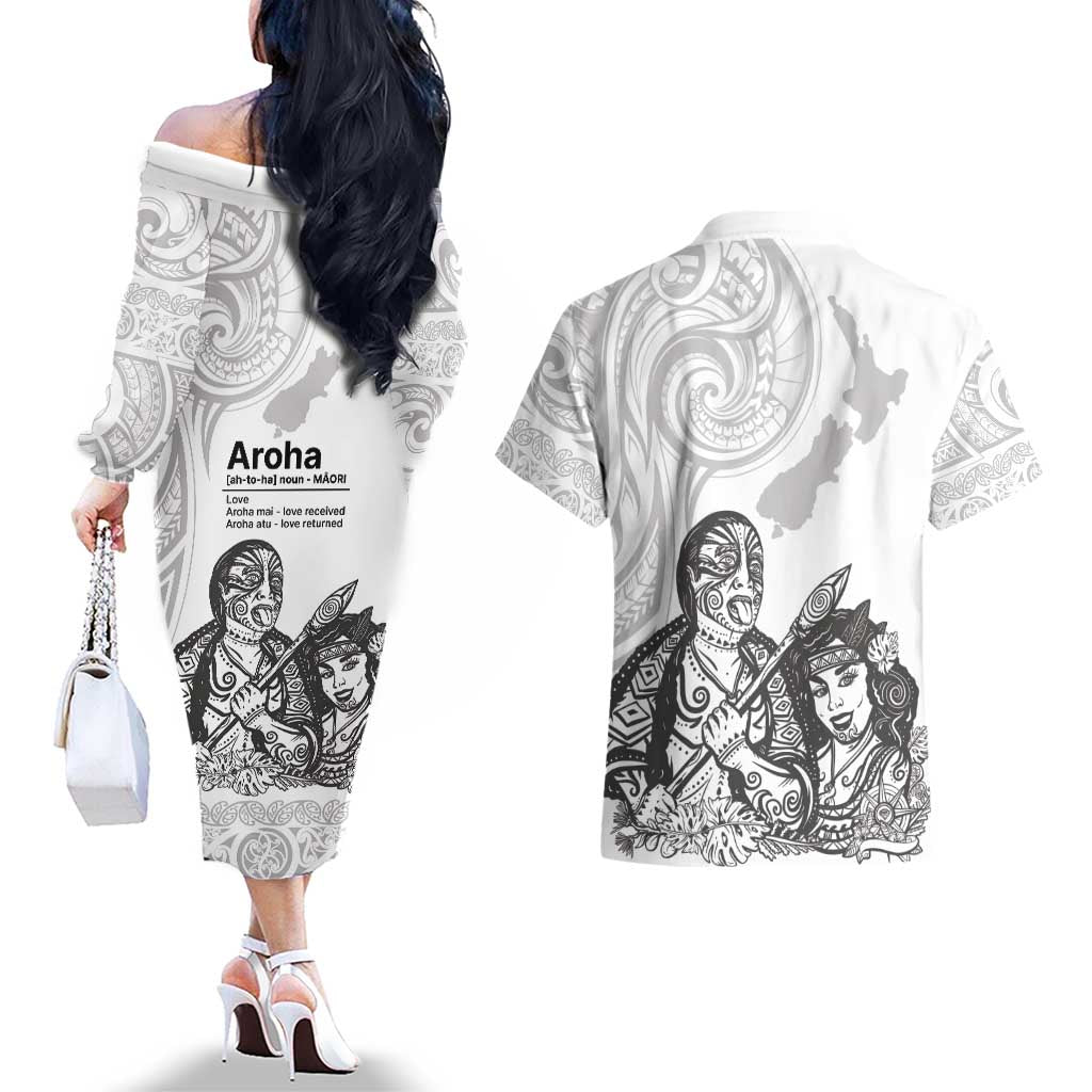Aroha Maori Language Couples Matching Off The Shoulder Long Sleeve Dress and Hawaiian Shirt Te Reo Maori Inspired Art LT9 - Polynesian Pride