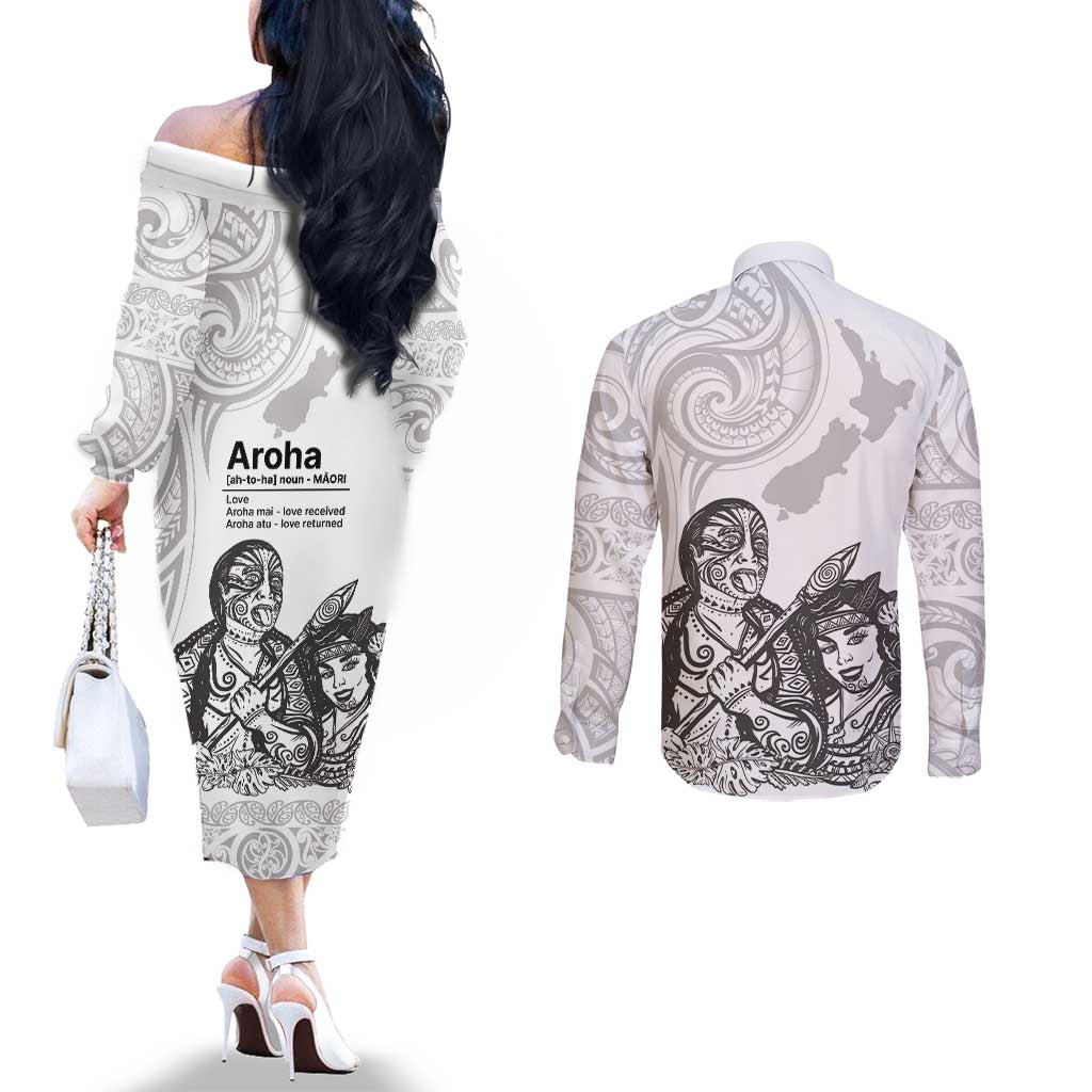 Aroha Maori Language Couples Matching Off The Shoulder Long Sleeve Dress and Long Sleeve Button Shirt Te Reo Maori Inspired Art LT9 - Polynesian Pride