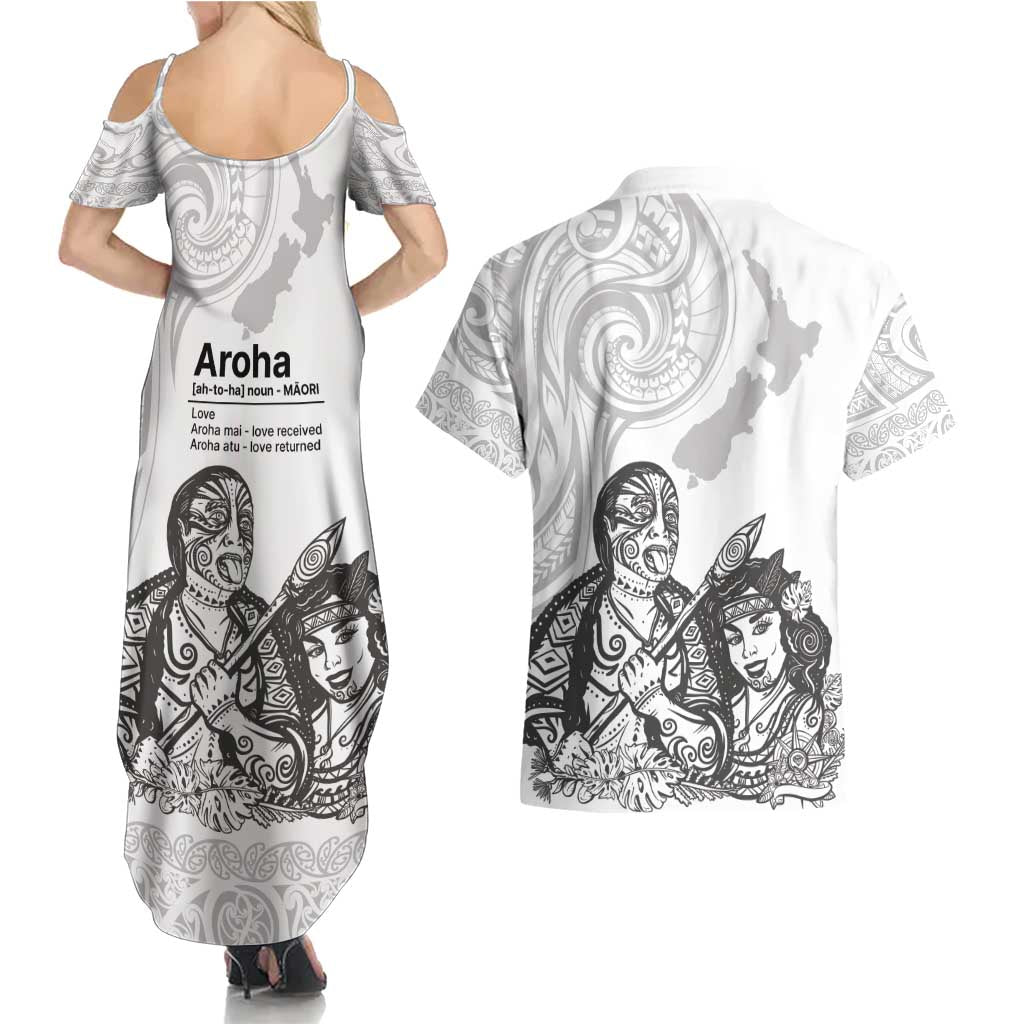 Aroha Maori Language Couples Matching Summer Maxi Dress and Hawaiian Shirt Te Reo Maori Inspired Art LT9 - Polynesian Pride