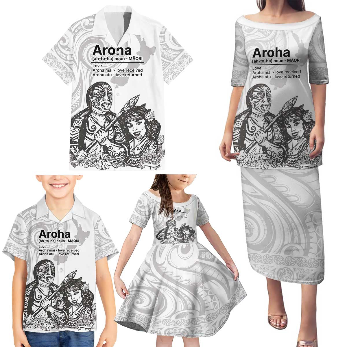 Aroha Maori Language Family Matching Puletasi and Hawaiian Shirt Te Reo Maori Inspired Art LT9 - Polynesian Pride