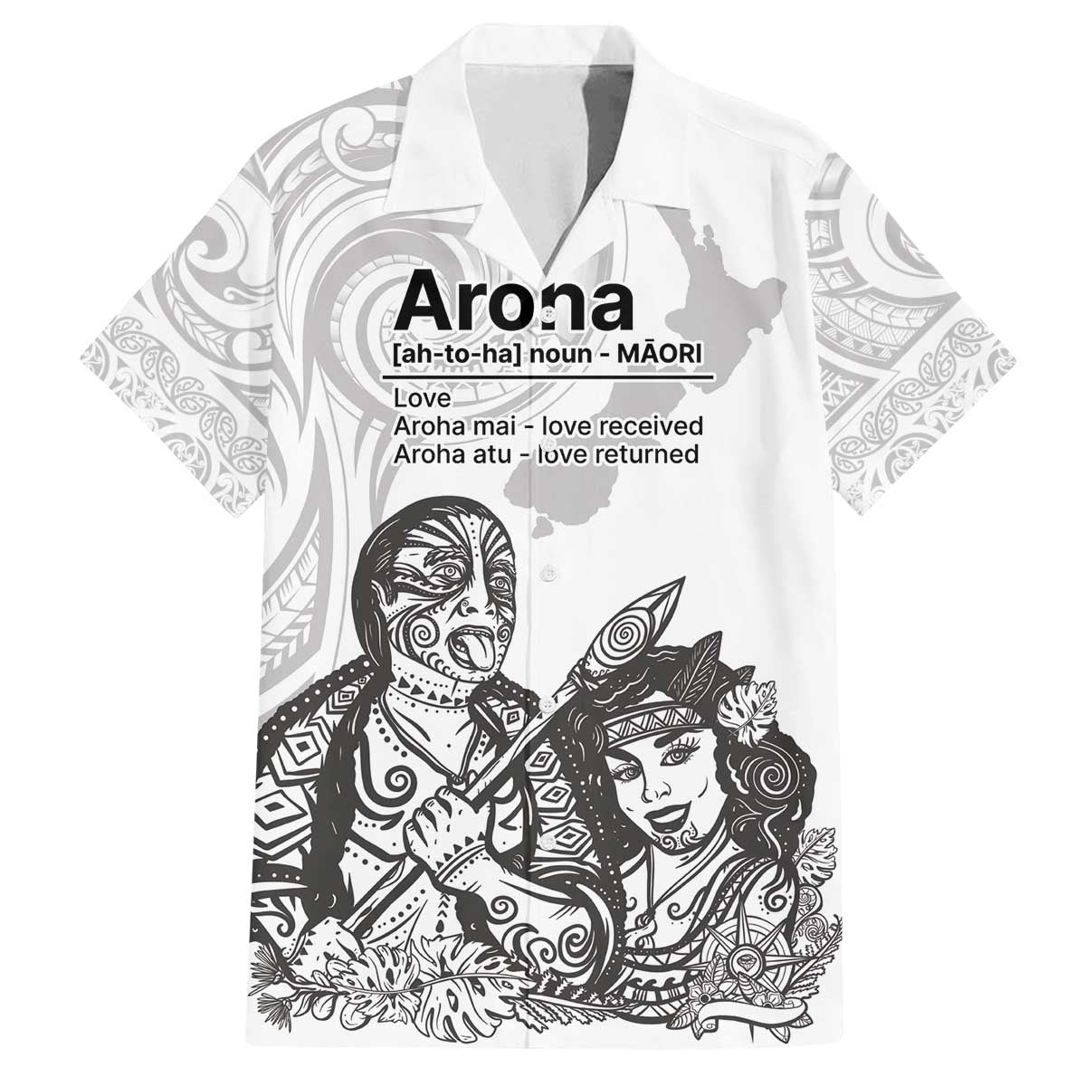 Aroha Maori Language Family Matching Puletasi and Hawaiian Shirt Te Reo Maori Inspired Art LT9 Dad's Shirt - Short Sleeve white - Polynesian Pride