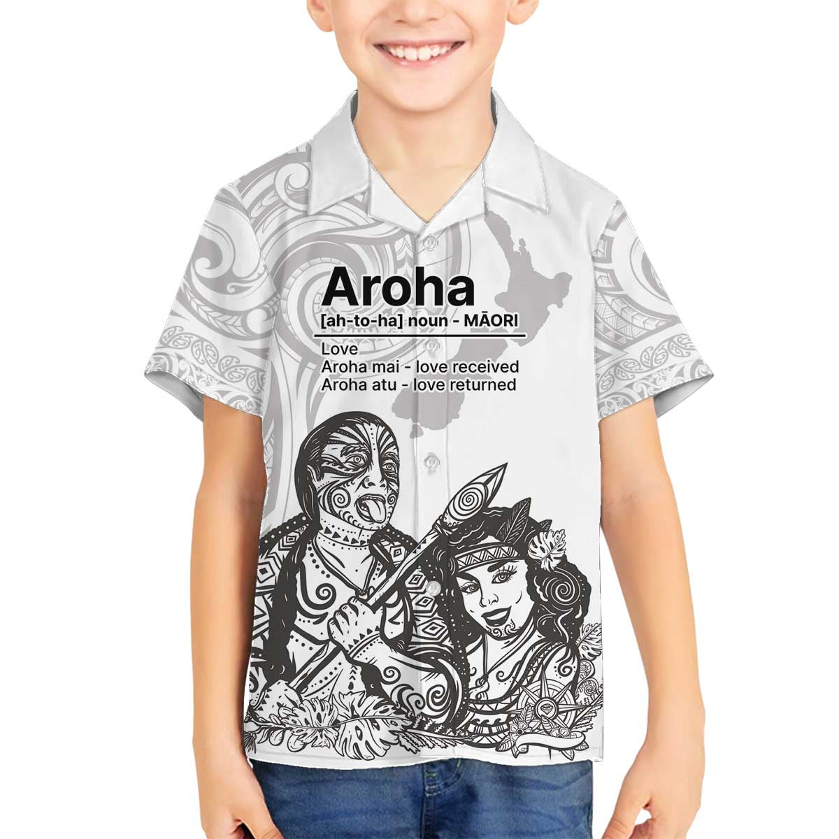 Aroha Maori Language Family Matching Puletasi and Hawaiian Shirt Te Reo Maori Inspired Art LT9 Son's Shirt white - Polynesian Pride