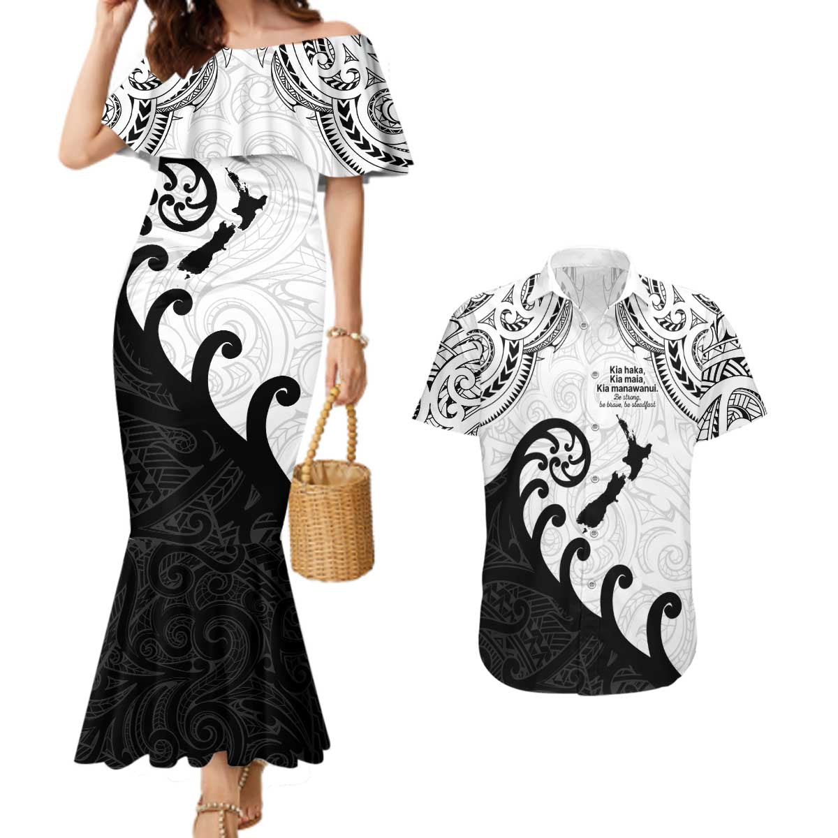 Kia Haka Maori language Couples Matching Mermaid Dress and Hawaiian Shirt Te Reo Maori Inspired Art LT9 white - Polynesian Pride