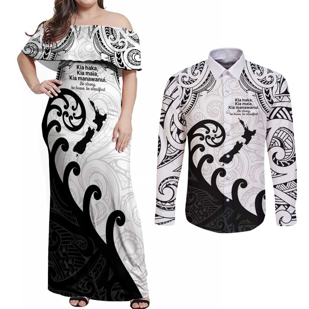 Kia Haka Maori language Couples Matching Off Shoulder Maxi Dress and Long Sleeve Button Shirt Te Reo Maori Inspired Art LT9 white - Polynesian Pride