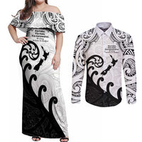 Kia Haka Maori language Couples Matching Off Shoulder Maxi Dress and Long Sleeve Button Shirt Te Reo Maori Inspired Art LT9 white - Polynesian Pride