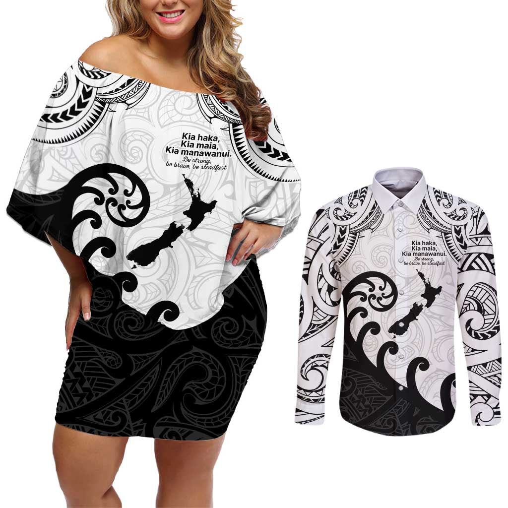 Kia Haka Maori language Couples Matching Off Shoulder Short Dress and Long Sleeve Button Shirt Te Reo Maori Inspired Art LT9 white - Polynesian Pride