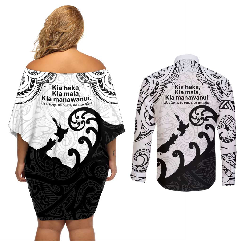 Kia Haka Maori language Couples Matching Off Shoulder Short Dress and Long Sleeve Button Shirt Te Reo Maori Inspired Art LT9 - Polynesian Pride