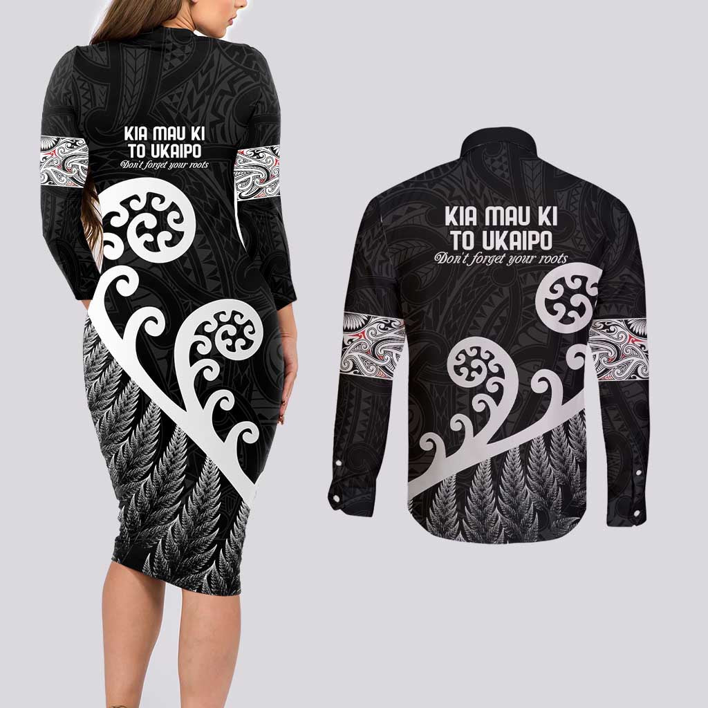 Kia Mau Ki To Ukaipo Couples Matching Long Sleeve Bodycon Dress and Long Sleeve Button Shirt Te Reo Maori Koru Fern Art LT9 - Polynesian Pride