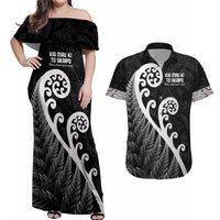 Kia Mau Ki To Ukaipo Couples Matching Off Shoulder Maxi Dress and Hawaiian Shirt Te Reo Maori Koru Fern Art LT9 Black - Polynesian Pride