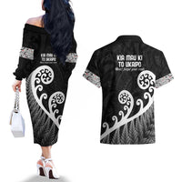 Kia Mau Ki To Ukaipo Couples Matching Off The Shoulder Long Sleeve Dress and Hawaiian Shirt Te Reo Maori Koru Fern Art LT9 - Polynesian Pride