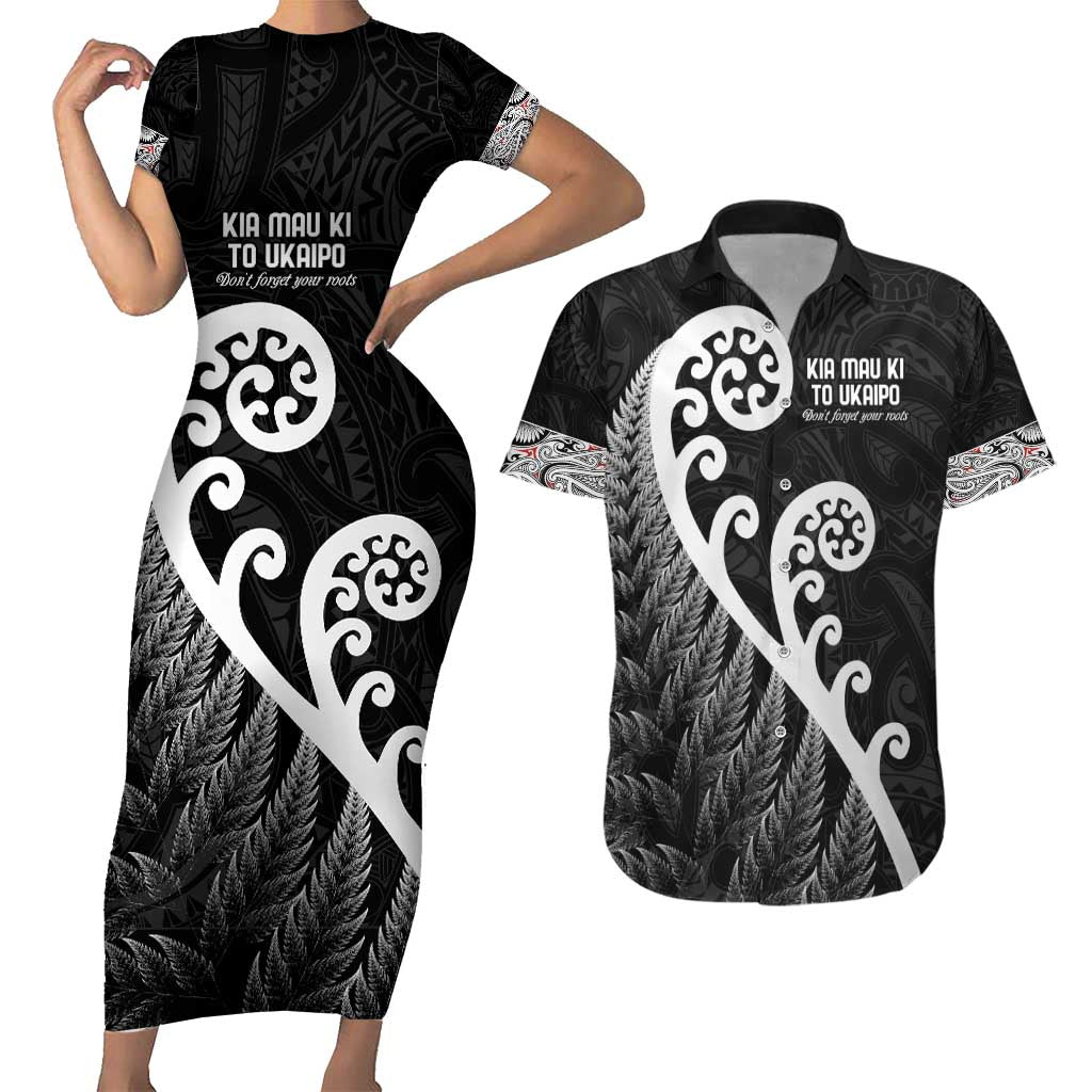 Kia Mau Ki To Ukaipo Couples Matching Short Sleeve Bodycon Dress and Hawaiian Shirt Te Reo Maori Koru Fern Art