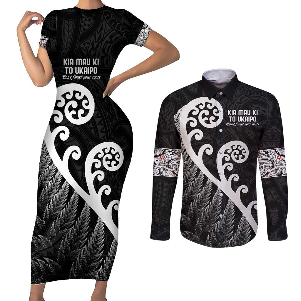 Kia Mau Ki To Ukaipo Couples Matching Short Sleeve Bodycon Dress and Long Sleeve Button Shirt Te Reo Maori Koru Fern Art LT9 Black - Polynesian Pride