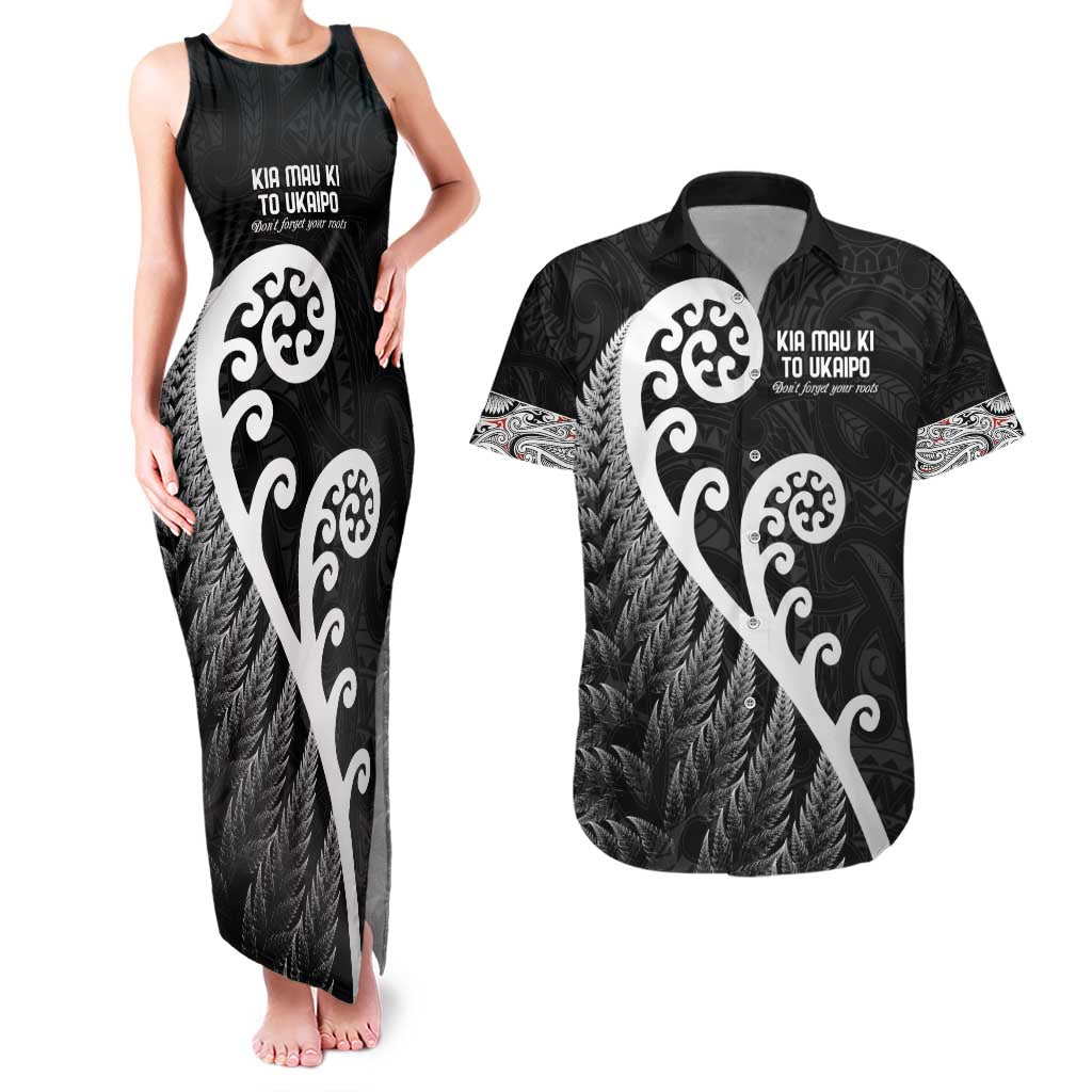 Kia Mau Ki To Ukaipo Couples Matching Tank Maxi Dress and Hawaiian Shirt Te Reo Maori Koru Fern Art LT9 Black - Polynesian Pride