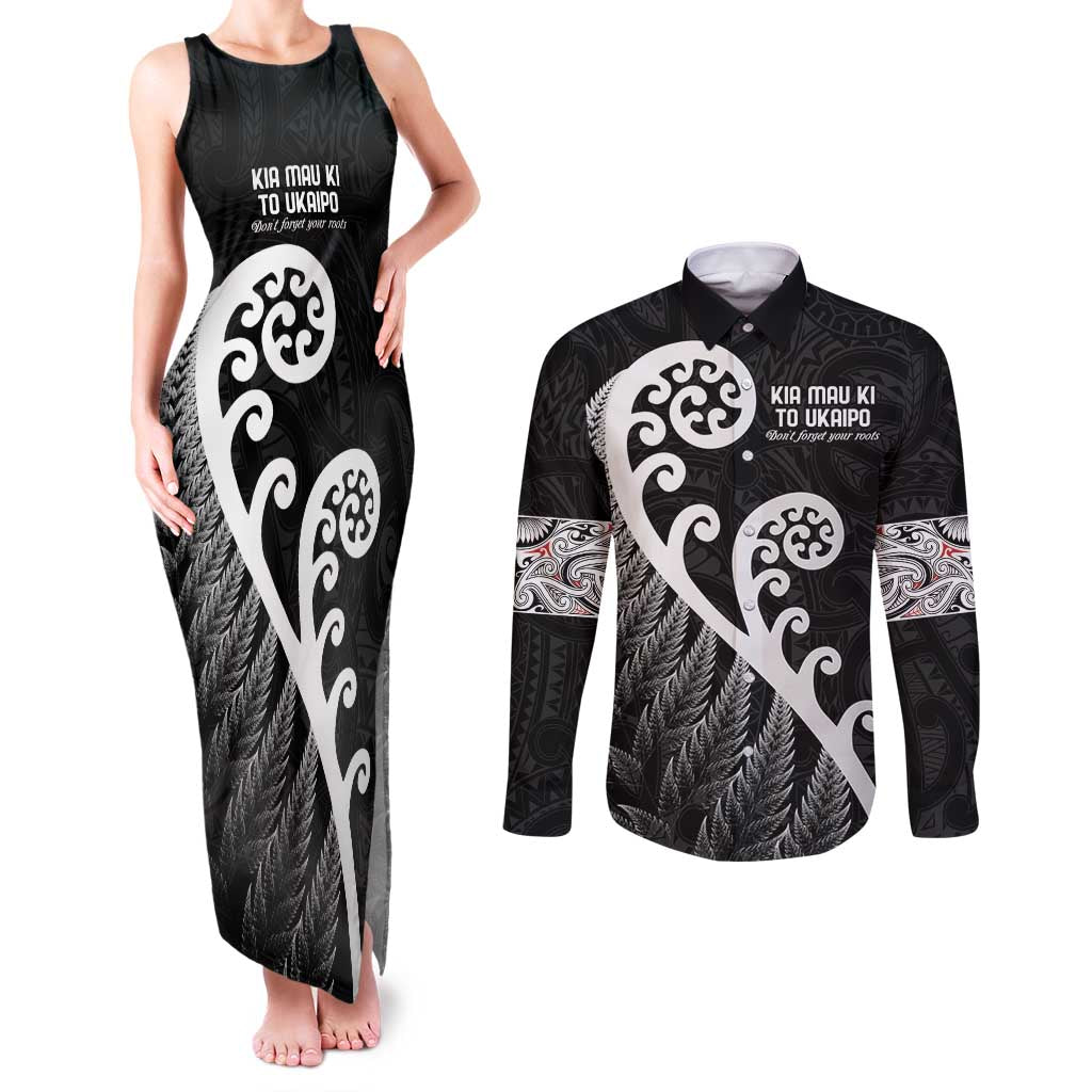 Kia Mau Ki To Ukaipo Couples Matching Tank Maxi Dress and Long Sleeve Button Shirt Te Reo Maori Koru Fern Art LT9 Black - Polynesian Pride