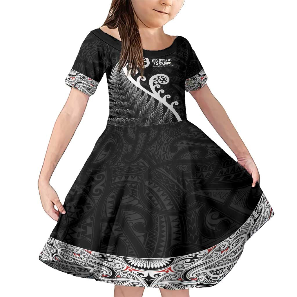 Kia Mau Ki To Ukaipo Family Matching Mermaid Dress and Hawaiian Shirt Te Reo Maori Koru Fern Art LT9 Daughter's Dress Black - Polynesian Pride