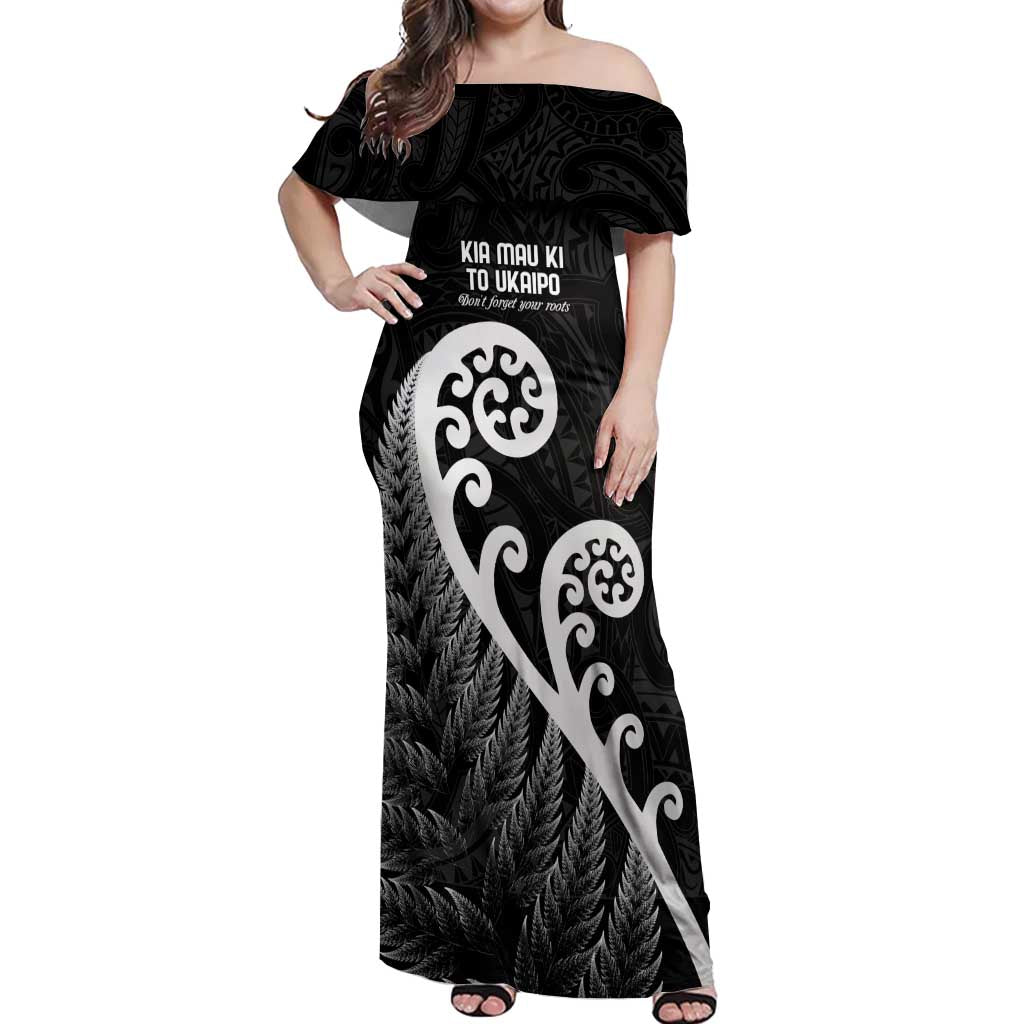 Kia Mau Ki To Ukaipo Off Shoulder Maxi Dress Te Reo Maori Koru Fern Art LT9 Women Black - Polynesian Pride