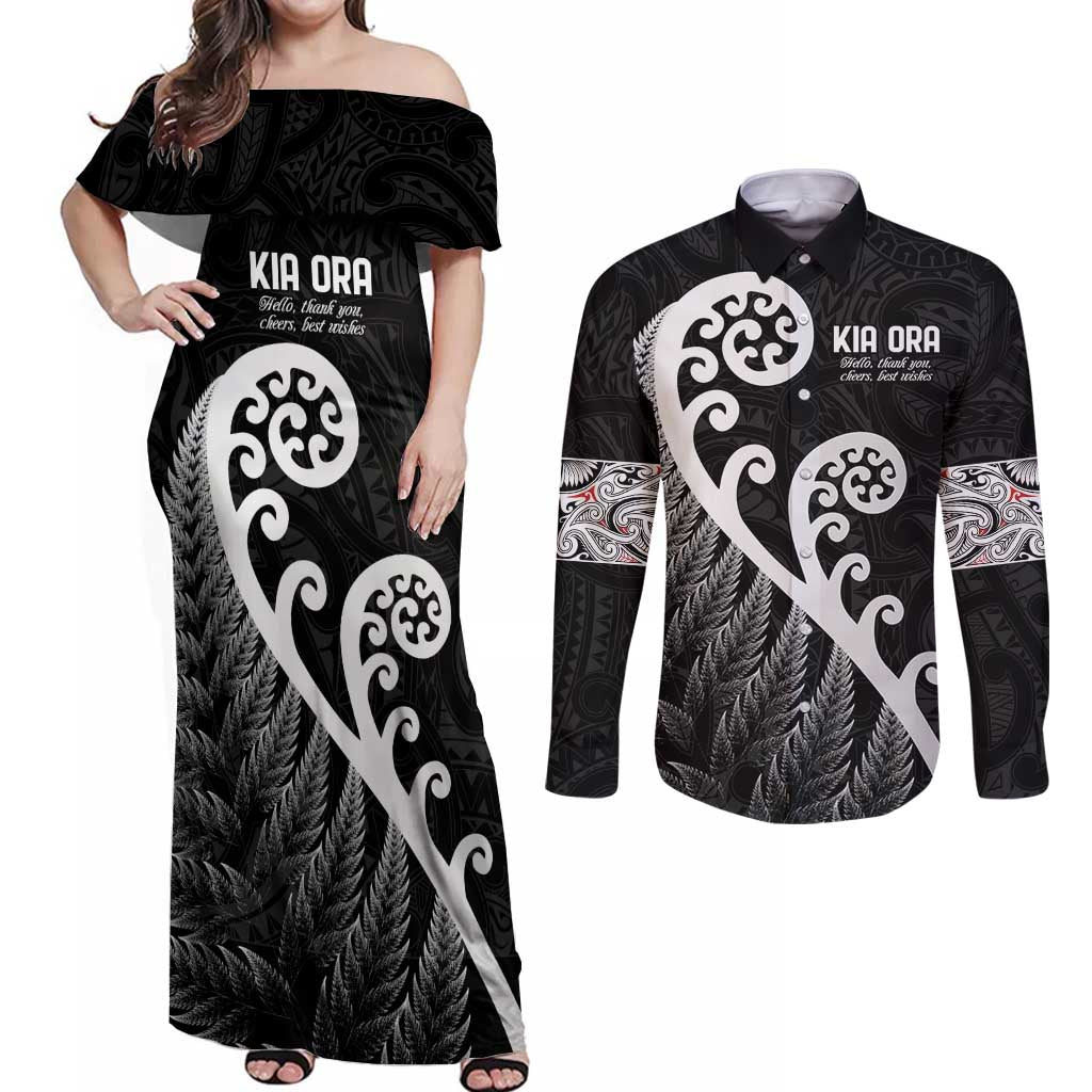 Kia Ora Maori Language Couples Matching Off Shoulder Maxi Dress and Long Sleeve Button Shirt Te Reo Maori Koru Fern Art LT9 Black - Polynesian Pride