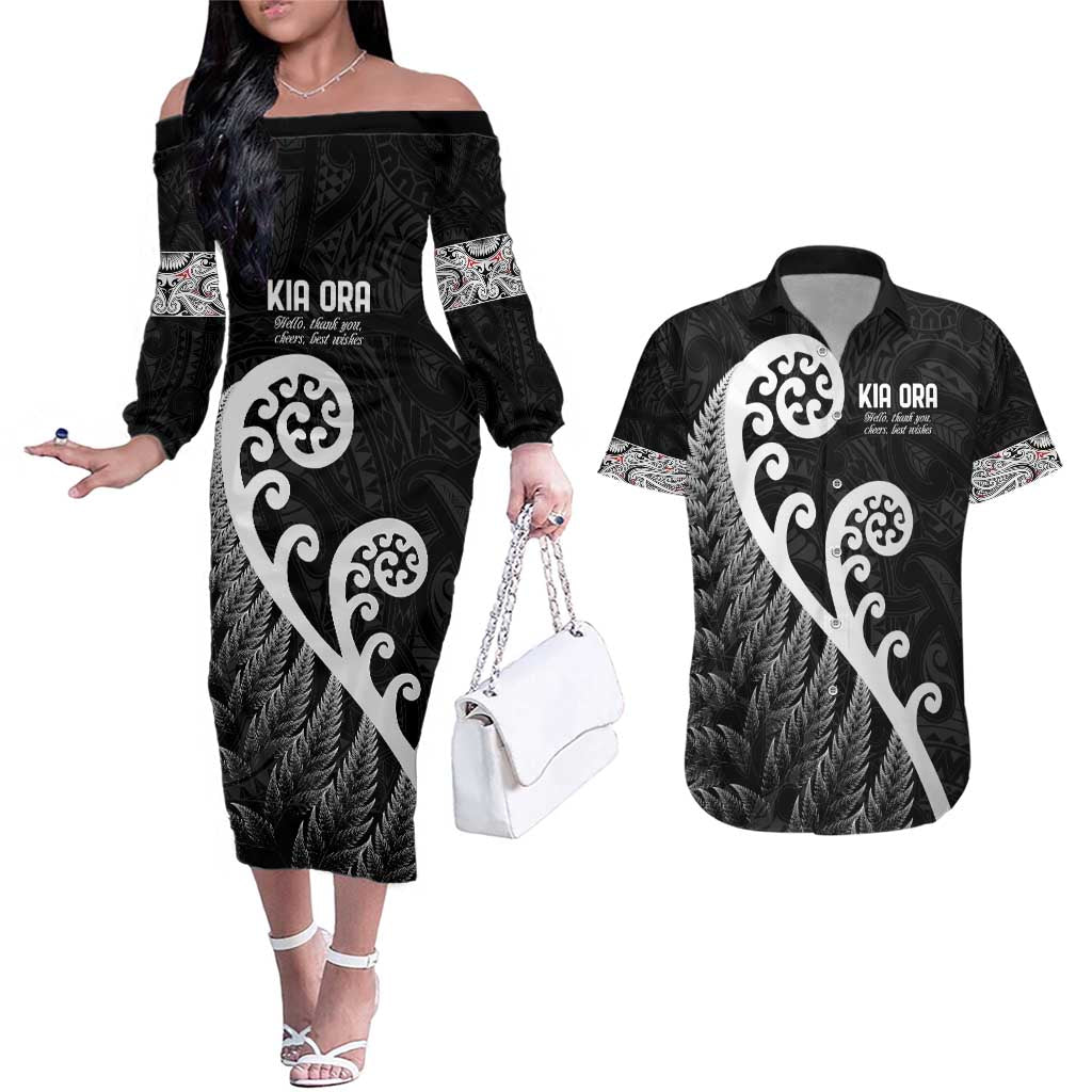 Kia Ora Maori Language Couples Matching Off The Shoulder Long Sleeve Dress and Hawaiian Shirt Te Reo Maori Koru Fern Art LT9 Black - Polynesian Pride