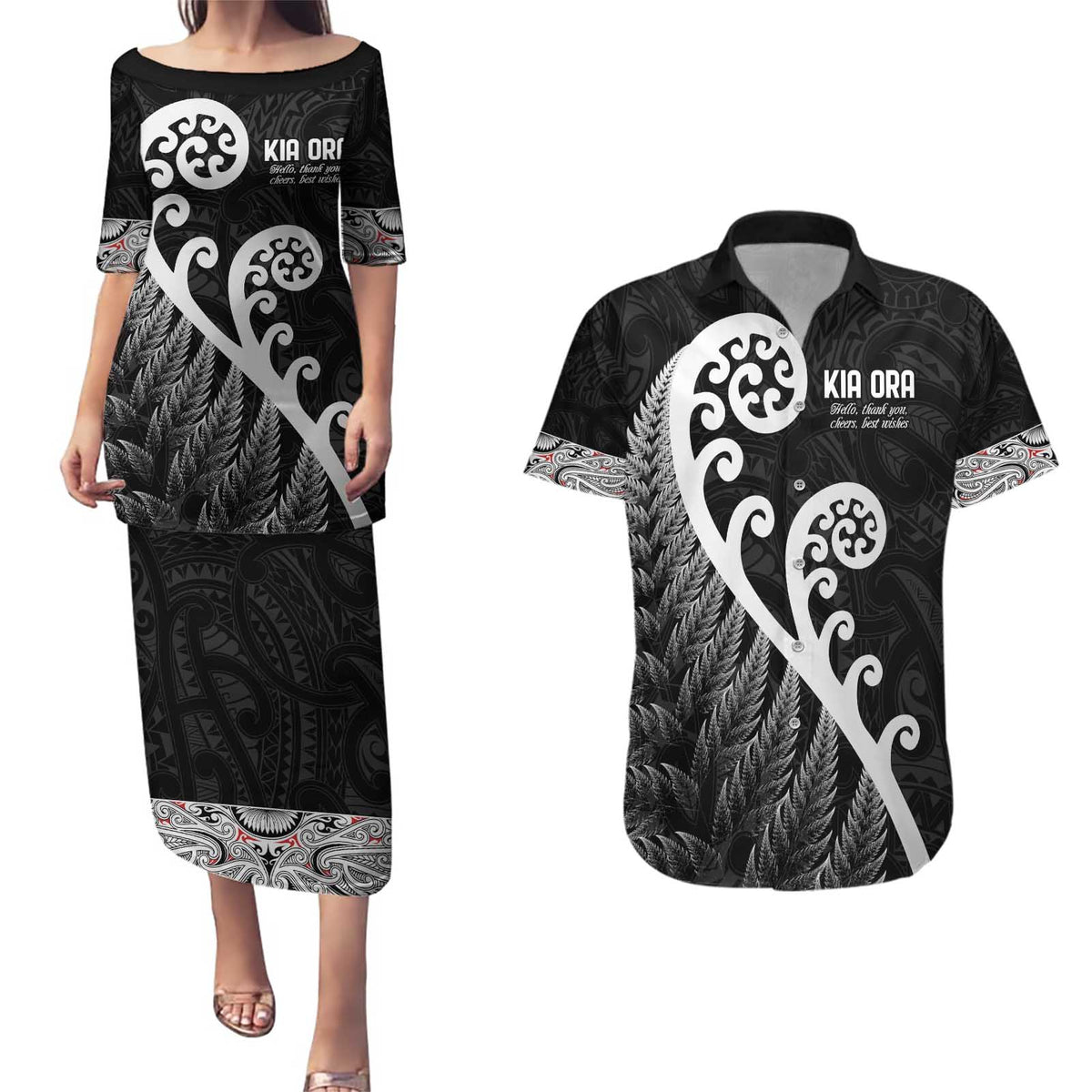 Kia Ora Maori Language Couples Matching Puletasi and Hawaiian Shirt Te Reo Maori Koru Fern Art LT9 Black - Polynesian Pride