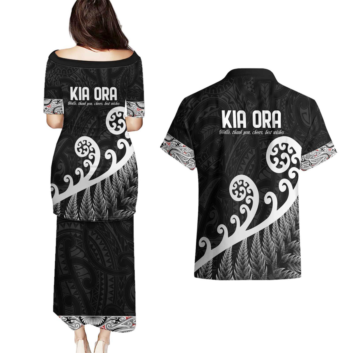 Kia Ora Maori Language Couples Matching Puletasi and Hawaiian Shirt Te Reo Maori Koru Fern Art LT9 - Polynesian Pride