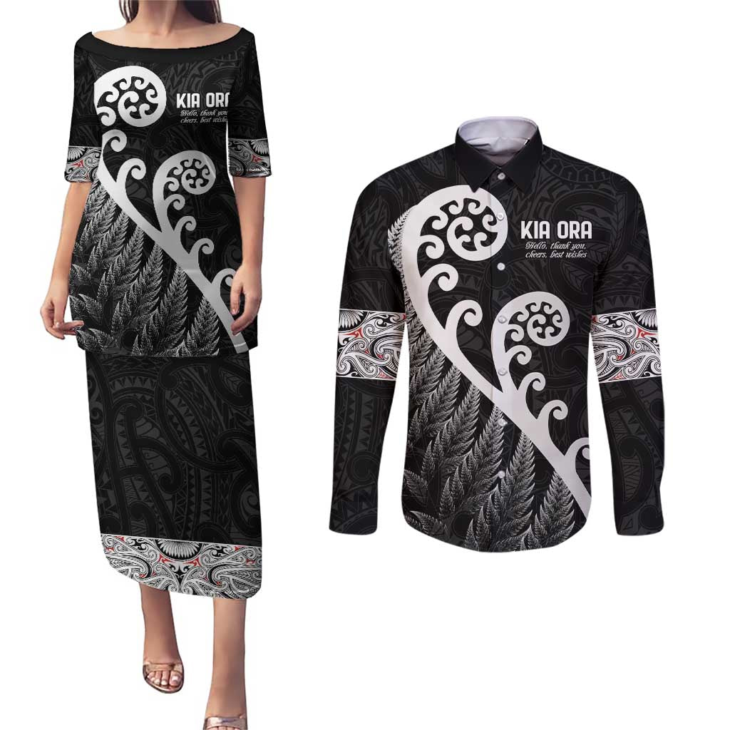 Kia Ora Maori Language Couples Matching Puletasi and Long Sleeve Button Shirt Te Reo Maori Koru Fern Art LT9 Black - Polynesian Pride