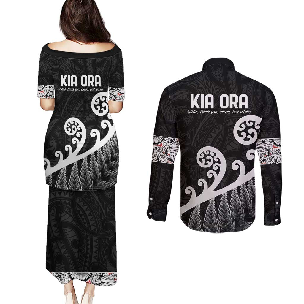 Kia Ora Maori Language Couples Matching Puletasi and Long Sleeve Button Shirt Te Reo Maori Koru Fern Art LT9 - Polynesian Pride
