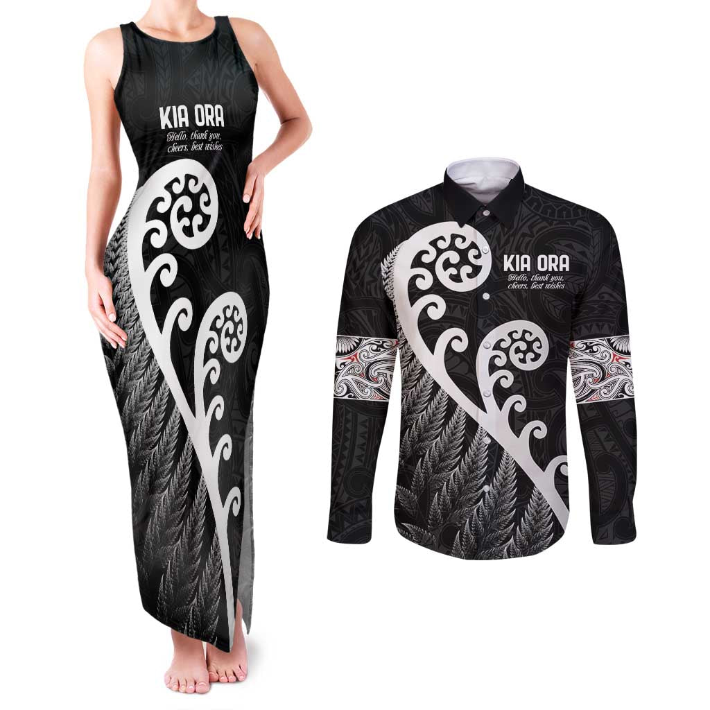 Kia Ora Maori Language Couples Matching Tank Maxi Dress and Long Sleeve Button Shirt Te Reo Maori Koru Fern Art LT9 Black - Polynesian Pride