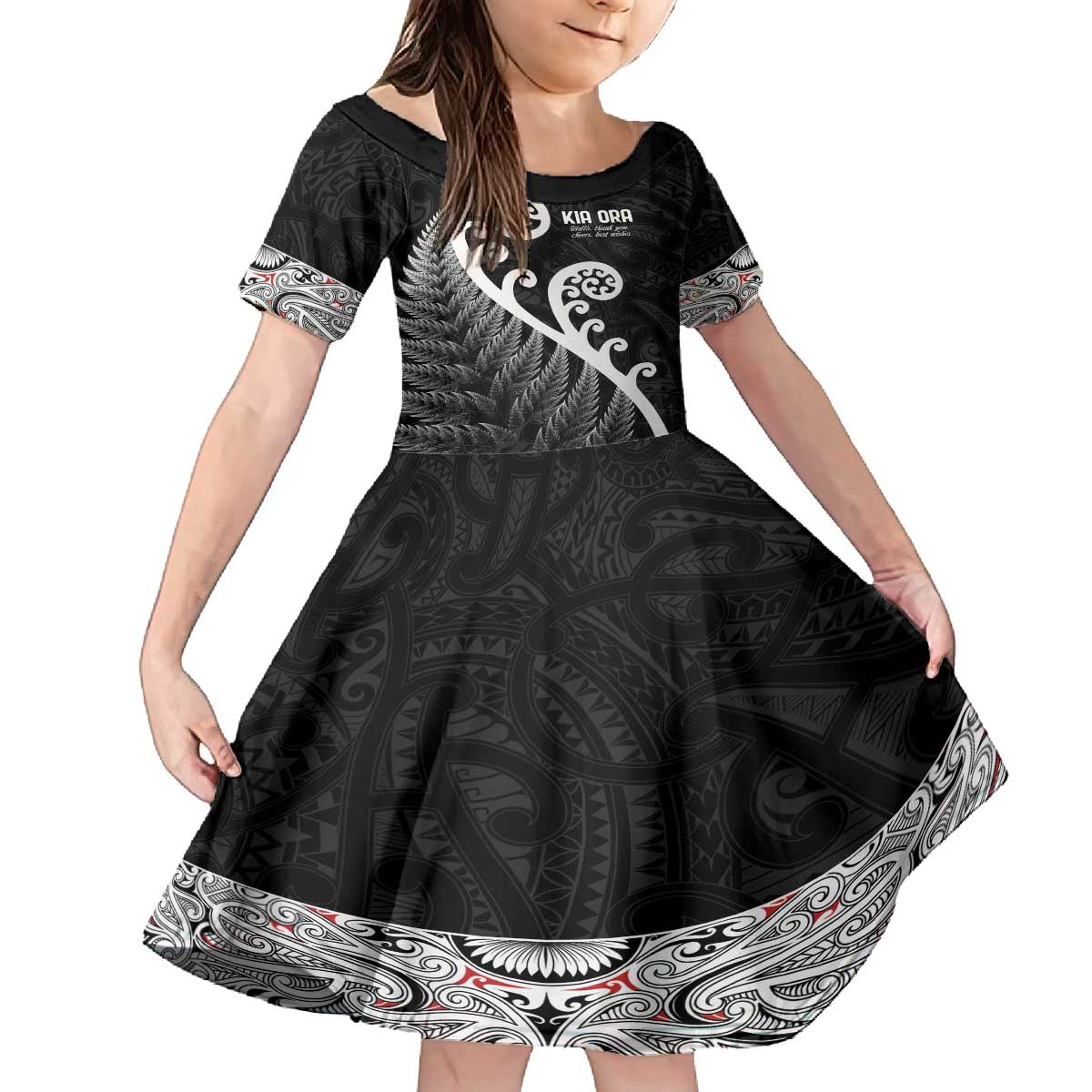 Kia Ora Maori Language Family Matching Off The Shoulder Long Sleeve Dress and Hawaiian Shirt Te Reo Maori Koru Fern Art