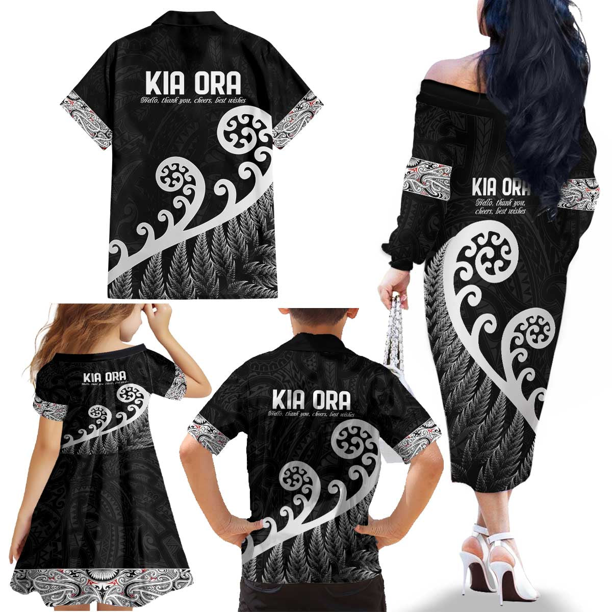 Kia Ora Maori Language Family Matching Off The Shoulder Long Sleeve Dress and Hawaiian Shirt Te Reo Maori Koru Fern Art