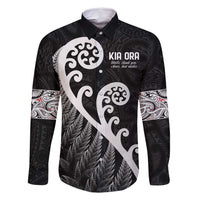 Kia Ora Maori Language Family Matching Off Shoulder Maxi Dress and Hawaiian Shirt Te Reo Maori Koru Fern Art LT9 Dad's Shirt - Long Sleeve Black - Polynesian Pride