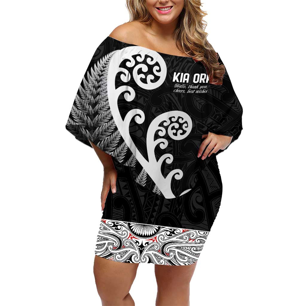 Kia Ora Maori Language Family Matching Off Shoulder Short Dress and Hawaiian Shirt Te Reo Maori Koru Fern Art LT9 Mom's Dress Black - Polynesian Pride