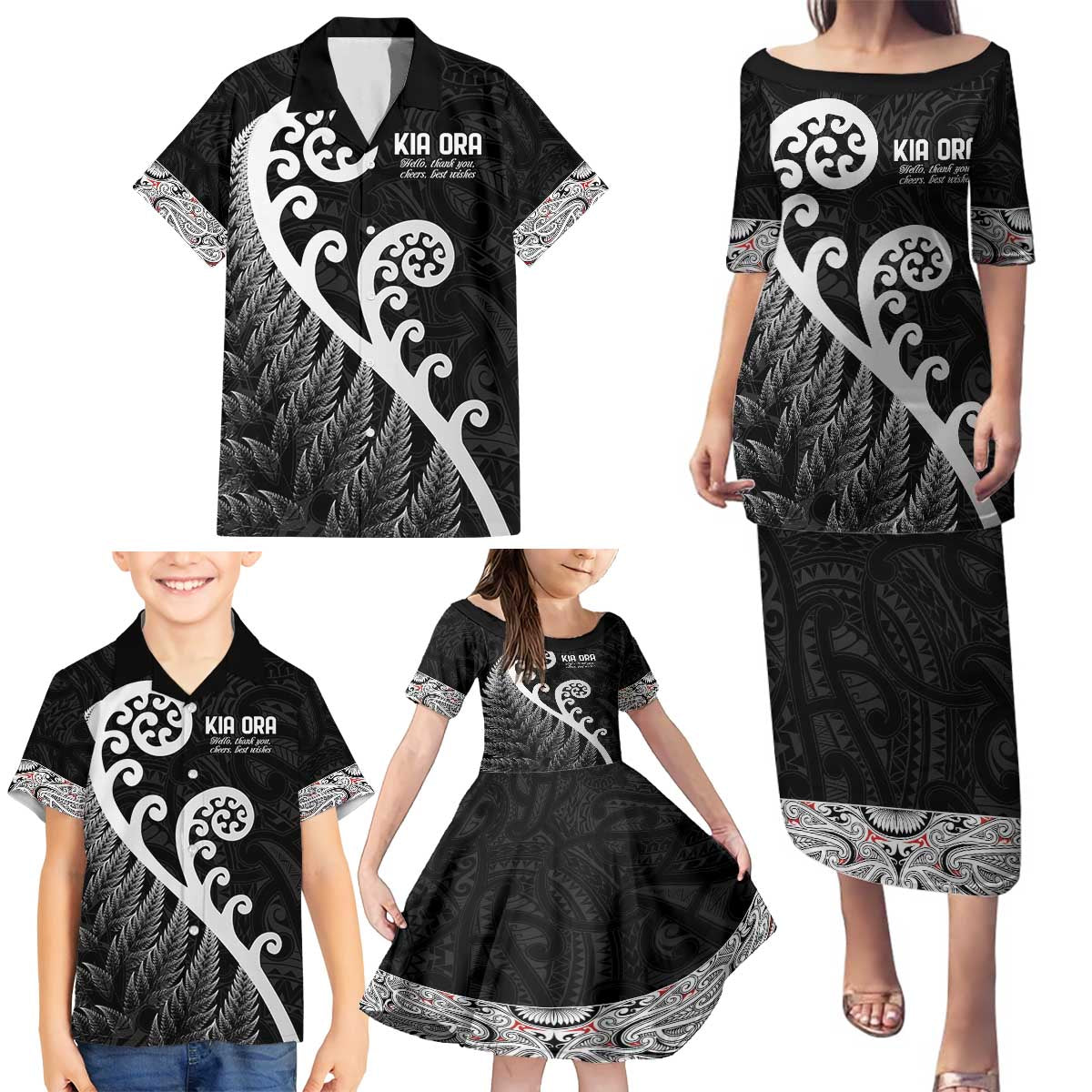 Kia Ora Maori Language Family Matching Puletasi and Hawaiian Shirt Te Reo Maori Koru Fern Art LT9 - Polynesian Pride