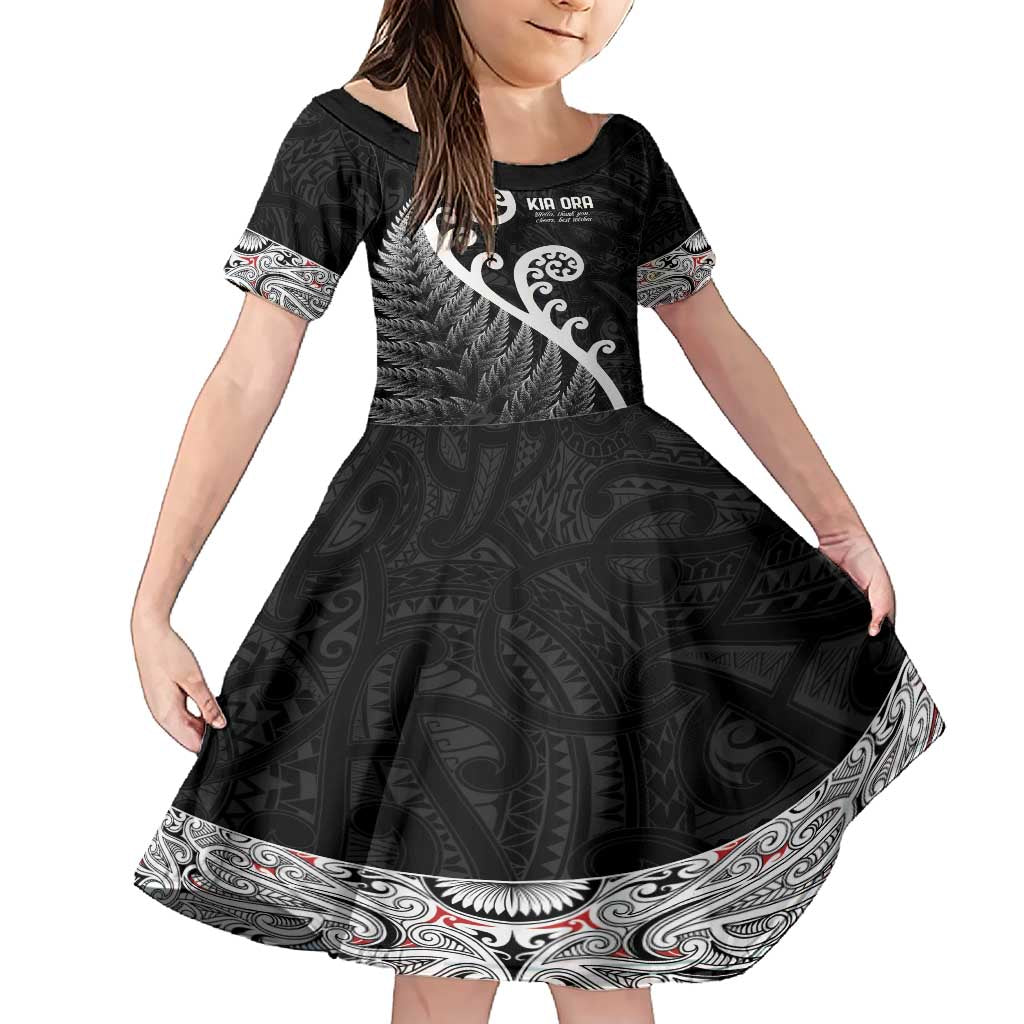 Kia Ora Maori Language Family Matching Short Sleeve Bodycon Dress and Hawaiian Shirt Te Reo Maori Koru Fern Art LT9 Daughter's Dress Black - Polynesian Pride