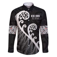 Kia Ora Maori Language Family Matching Short Sleeve Bodycon Dress and Hawaiian Shirt Te Reo Maori Koru Fern Art LT9 Dad's Shirt - Long Sleeve Black - Polynesian Pride